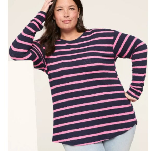 Lane Bryant Ruched-Cuff Crew-Neck Top Pink Navy Blue Casual NWT Size 14 - 16 - Picture 1 of 10